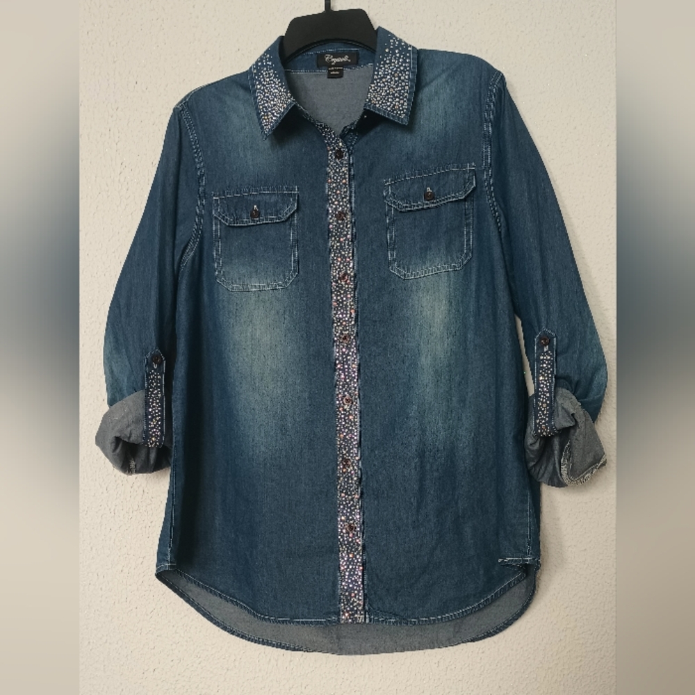 Crystalli Women Shirt Long Sleeve Blue Size M 100% Cotton Great Condition